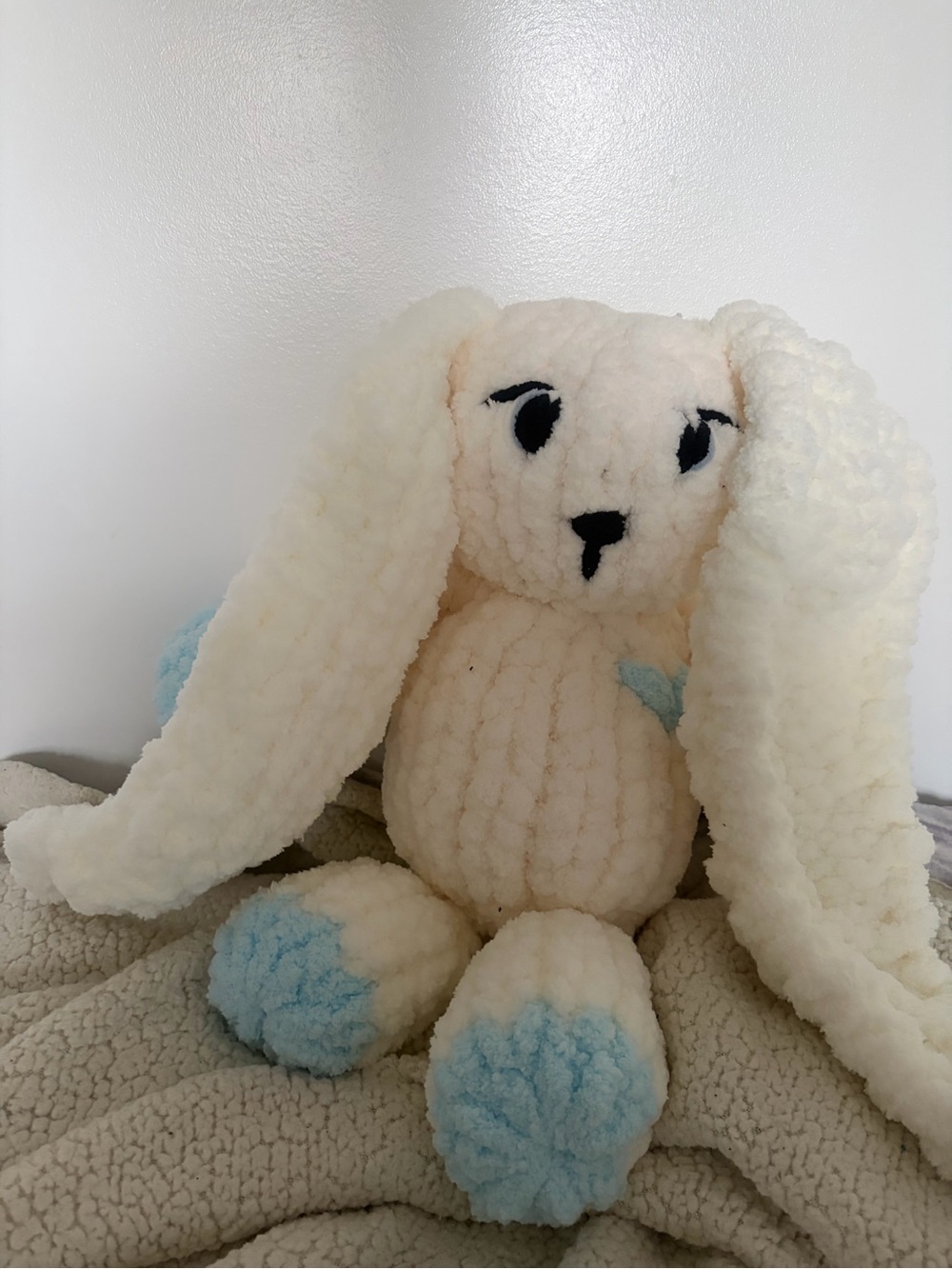 Hand Knit Plush Cream Bunny with Light Blue Accents